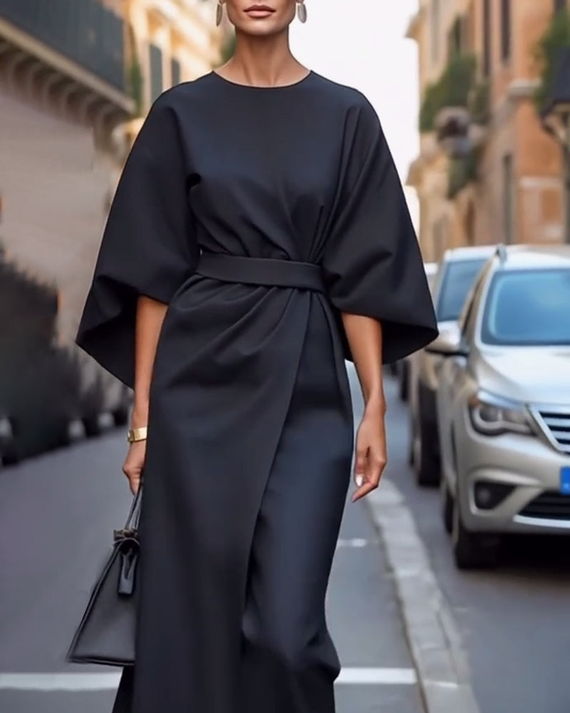 Celestine - Sukienka Z Eleganckimi Latarniowymi Rękawami I Paskiem